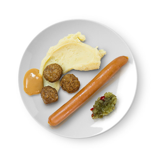 Meatballs + mashed potatoes + sausage